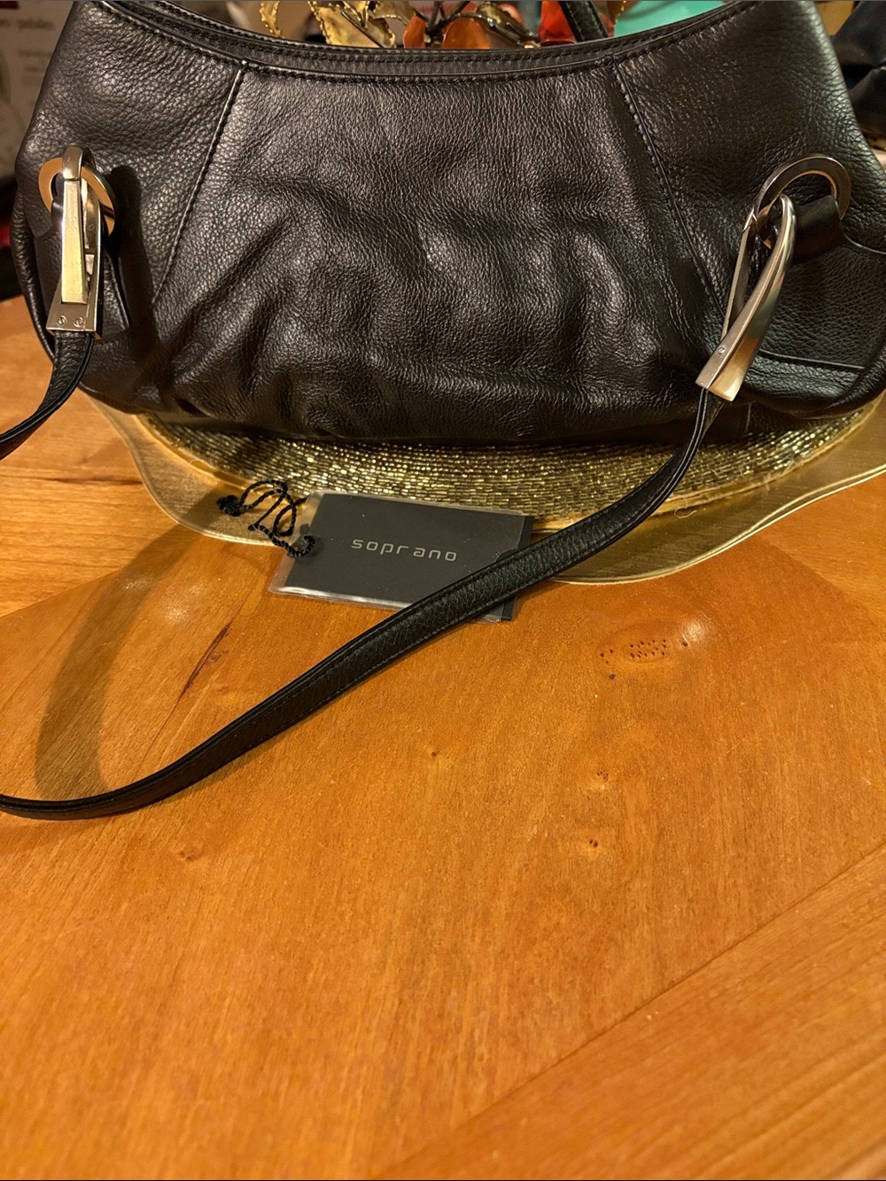 Soprano Black Leather Shoulder Bag with Silver Accents